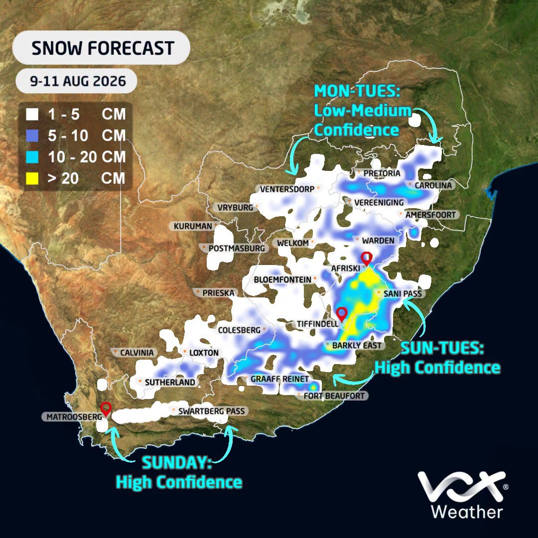 Vox Weather snow forecast map for South Africa and Lesotho, covering 9–11 August 2026. Shows widespread light snowfall across interior regions, with heavy snow (>20 cm) predicted with high confidence in the Drakensberg mountain areas.